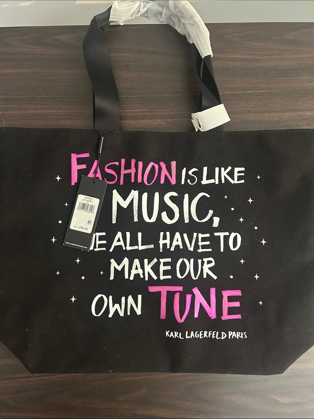 Karl Lagerfeld Black Tote Bag with Pink & White Graphic Text